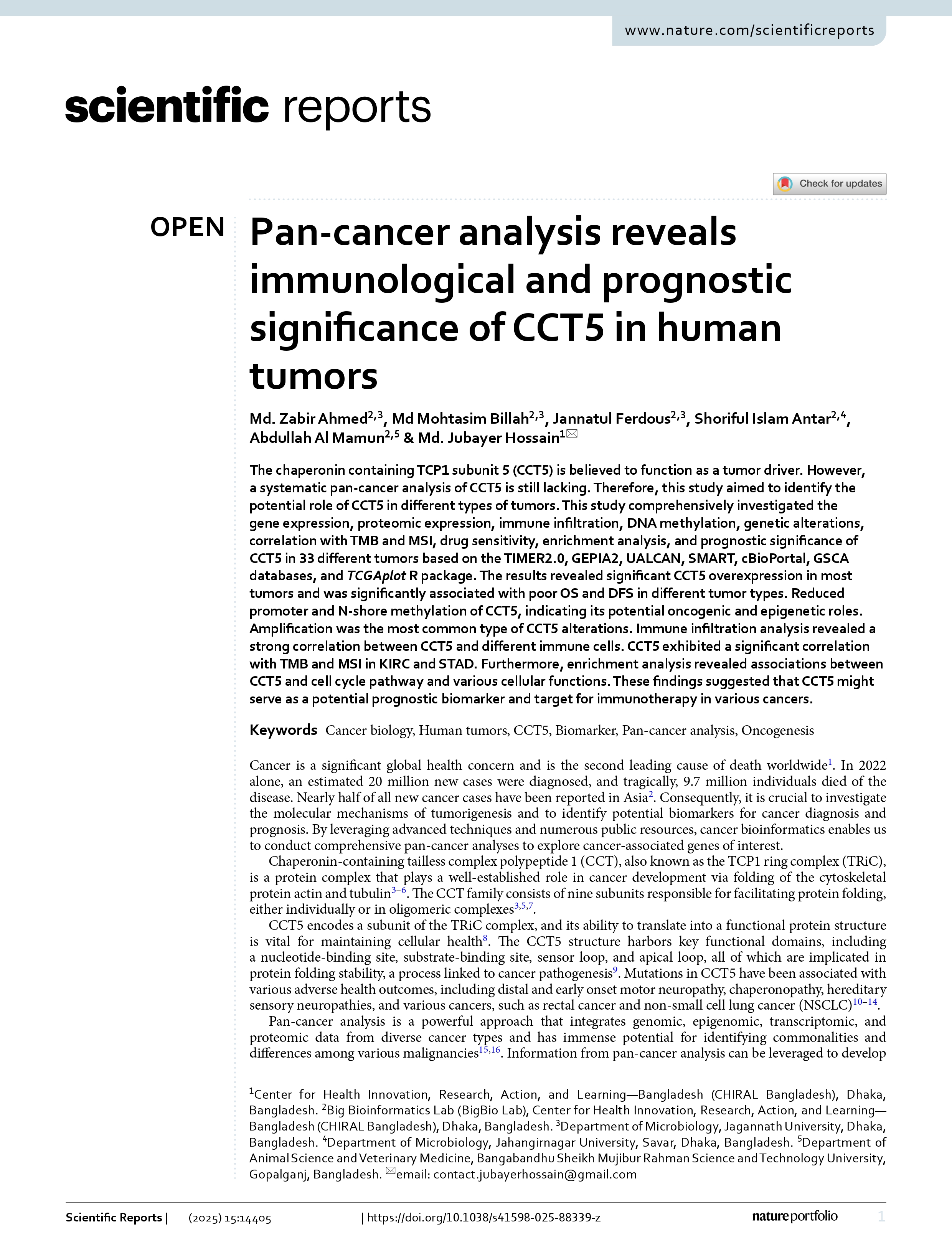 Pan-cancer analysis reveals immunological and prognostic significance of CCT5 in human tumors