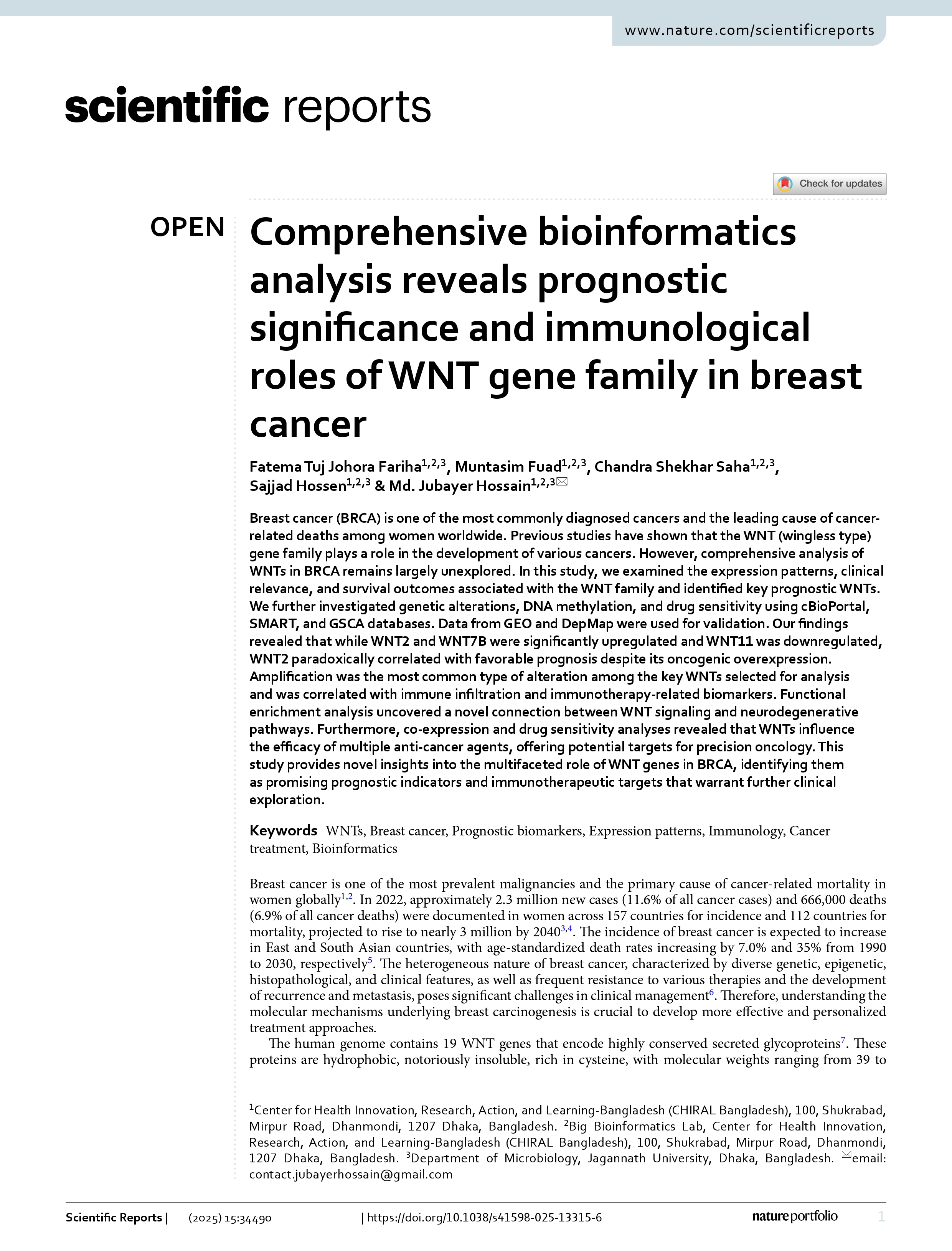 Comprehensive bioinformatics analysis reveals prognostic significance and immunological roles of WNT gene family in breast cancer